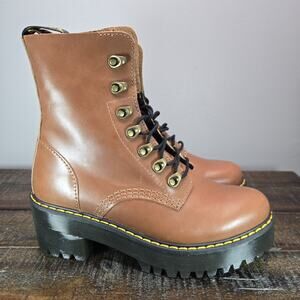 NEW Dr. Doc Martens Leona Womens Size 7 Lace Up Heeled Boots Brown Leather